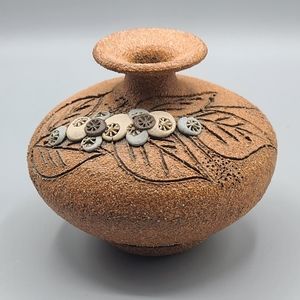 Vintage Carma Sand Art Pottery Vase Bottle 6" Earthy Boho Floral